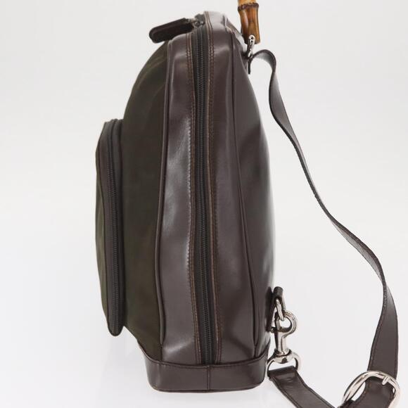 GUCCI Bamboo Body Bag Nylon Enamel Khaki Silver 003 2058 0059 5 Auth 160618